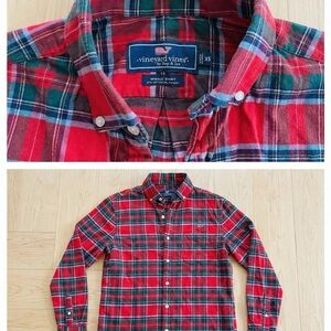 Vineyard Vines Men's Red and Green Plaid Shirt